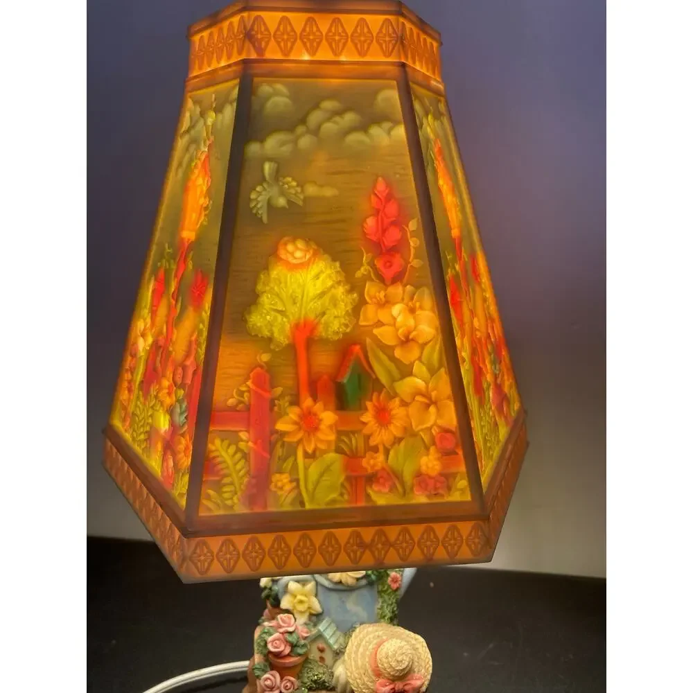 VTG Etched Molded Plastic/ Celluloid Shade Lamp - Garden Scene Base-Works